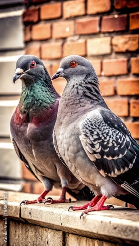 Pair of standard scale male and female pigeons perched on a ledge near brick wall. Generative AI photo