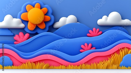 Colorful abstract landscape featuring vibrant hills, clouds, flowers, and a bright sun on a blue background.