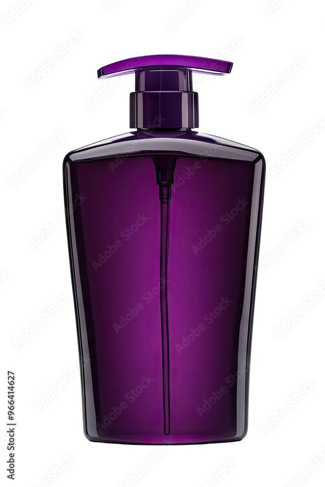 A purple pump bottle filled with a liquid product. A purple pump bottle filled with a liquid product.