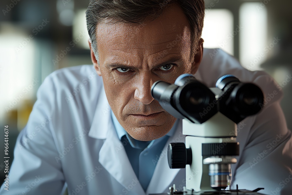 Elderly scientist examining samples through a microscope in a laboratory Elderly scientist examining samples through a microscope in a laboratory