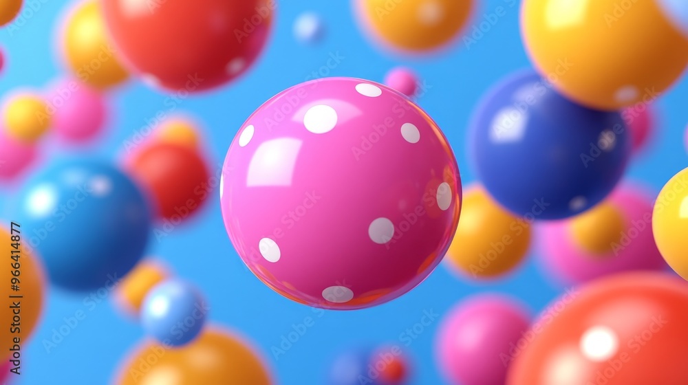 Colorful polka dot spheres floating in the air, creating a lively and playful atmosphere against a blue background. Colorful polka dot spheres floating in the air, creating a lively and playful atmosphere against a blue background.