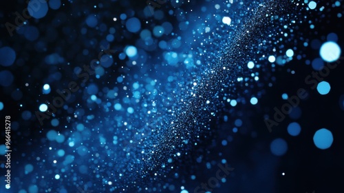 Scattered metallic blue particles against a dark backdrop create a dynamic, festive design element