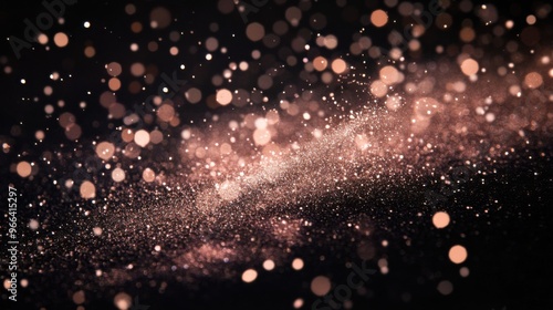 Scattered metallic rose gold particles against a dark backdrop create an elegant, festive design element