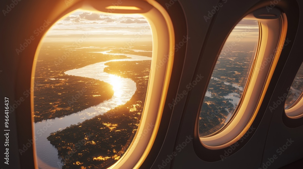 Sunlight reflecting on the ocean, seen through airplane windows, representing air travel, relaxation, and vacation Sunlight reflecting on the ocean, seen through airplane windows, representing air travel, relaxation, and vacation