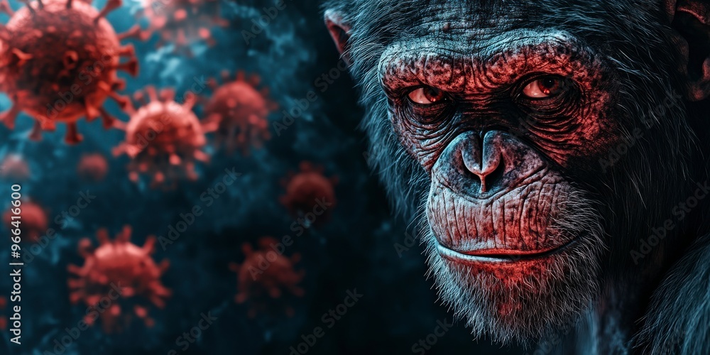 Monkey Examining Virus in Ominous Medical-Themed Setting Monkey Examining Virus in Ominous Medical-Themed Setting