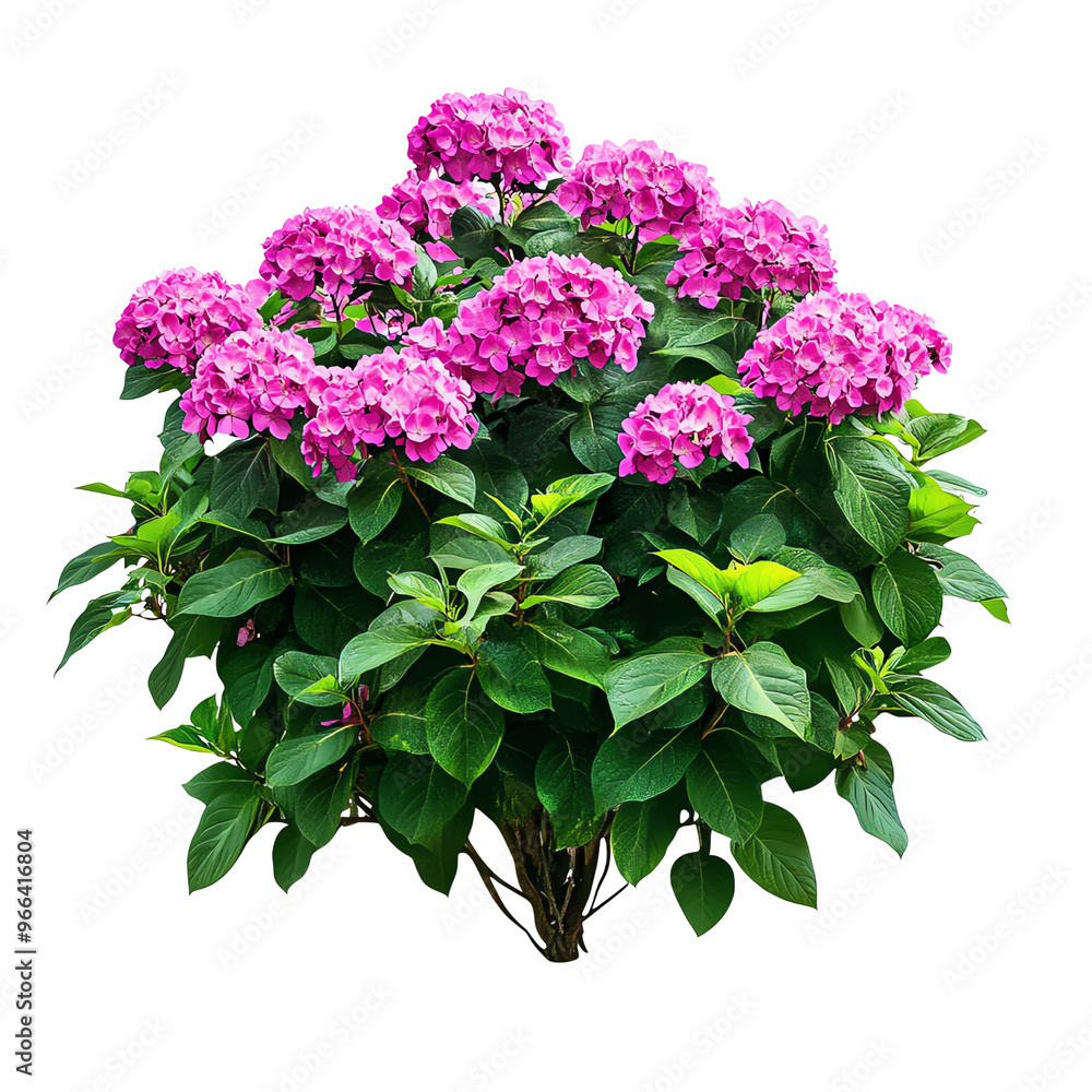 A vibrant pink hydrangea bush featuring lush green leaves, set against a Transperant background., showcasing its striking colors. A vibrant pink hydrangea bush featuring lush green leaves, set against a Transperant background., showcasing its striking colors.
