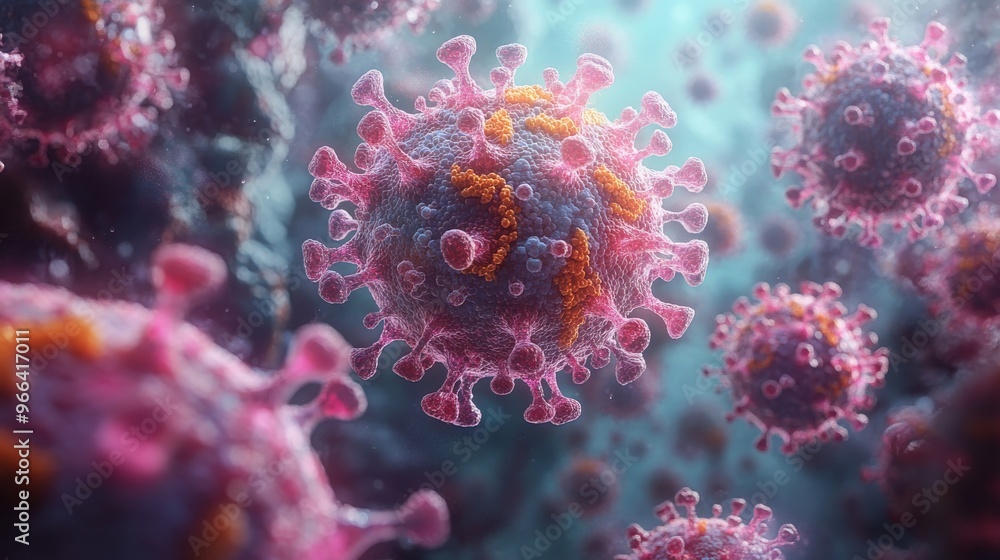 Artistic representation of viruses interacting in a vibrant, microscopic environment Artistic representation of viruses interacting in a vibrant, microscopic environment