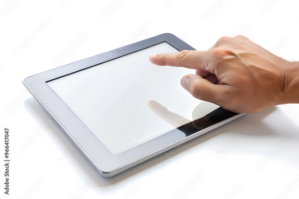 close-up hand touching white screen tablet isolated on white background close-up hand touching white screen tablet isolated on white background