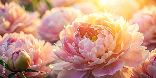 Delicate petals of a bright pink peony bloom softly overlap, set against a warm, golden afternoon light, evoking a sense of serenity and elegance.