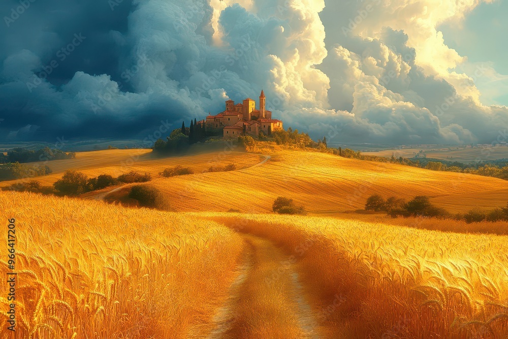 Fototapeta premium fairytale agrarian landscape whimsical castle perched atop rolling golden wheat fields majestic storm clouds gathering on distant horizon