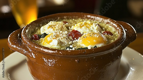  A close-up photo of a steaming bowl of food and a frosty glass of beer sitting on a wooden table in the foreground