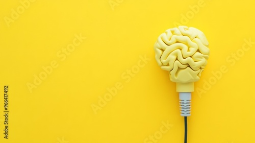 Brain charging and mental rest. Plug and cable leads to plasteline meanders on yellow background top view copy space photo