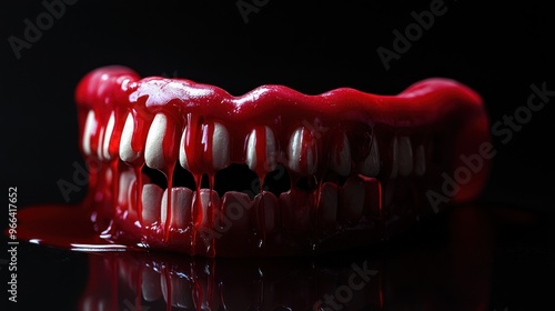 A grotesque mouth with dripping red substance, evoking horror and unease. photo