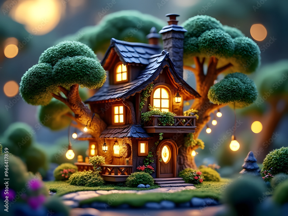 Fototapeta premium Cute Treehouse Tree House Building Home Trees Well Lit Miniature Graphic Design