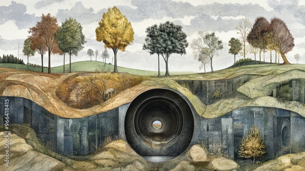 Cross section of landscape with trees and underground tunnel Cross section of landscape with trees and underground tunnel