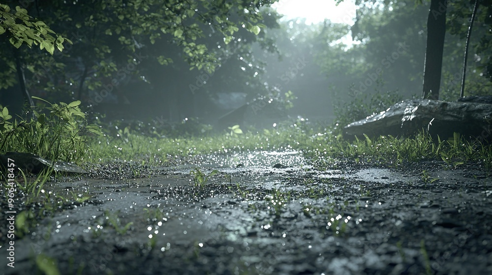 Fototapeta premium Wet road amidst dense forest, surrounded by tall trees and lush greenery on either side
