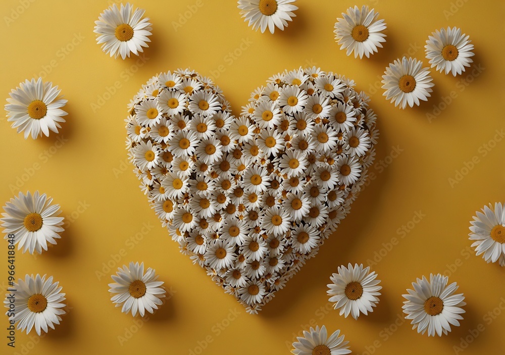 Obraz premium A heart-shaped arrangement of white daisies on a vibrant yellow background, symbolizing love and joy in floral design