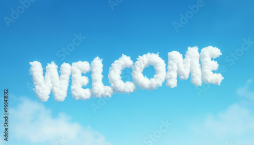 Welcome banner, the inscription of white fluffy clouds on a blue sky background