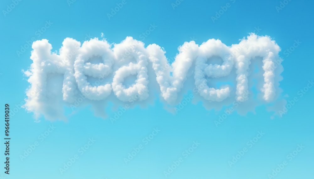 Naklejka premium Heaven banner, the inscription of white fluffy clouds on a blue sky background