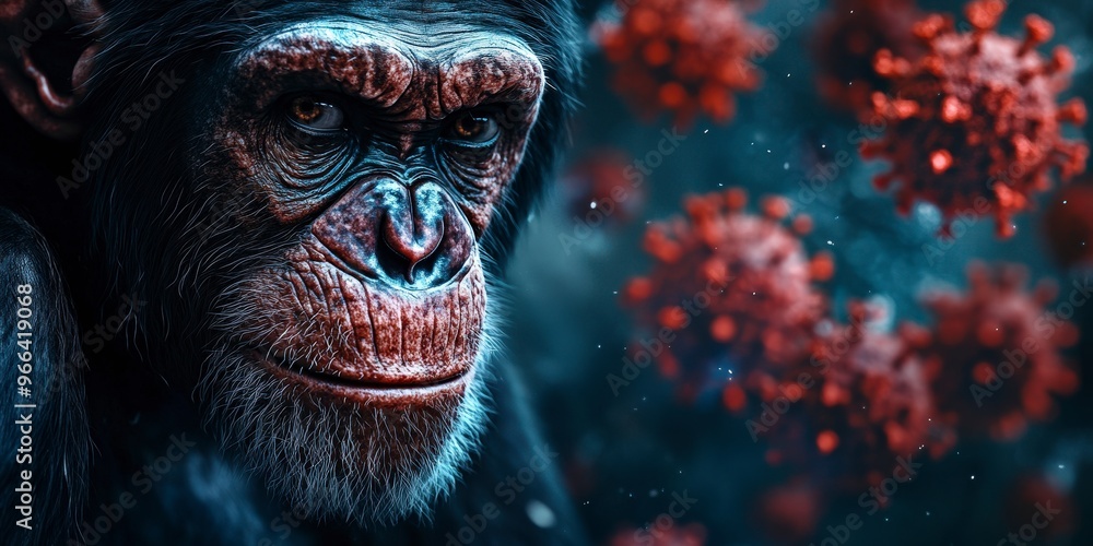 Monkey Examining Virus in Ominous Medical-Themed Setting Monkey Examining Virus in Ominous Medical-Themed Setting