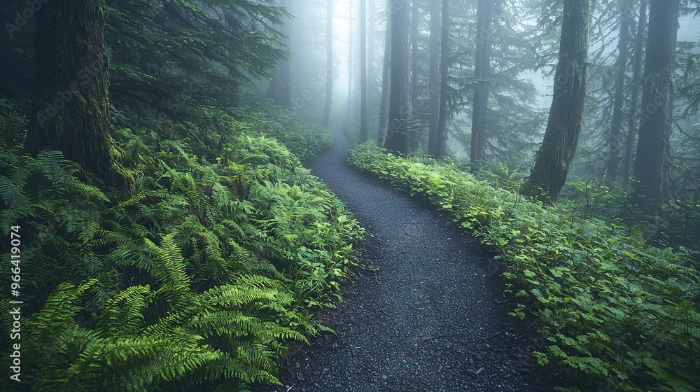 Fototapeta premium Path surrounded by fog with trees and ferns on both sides