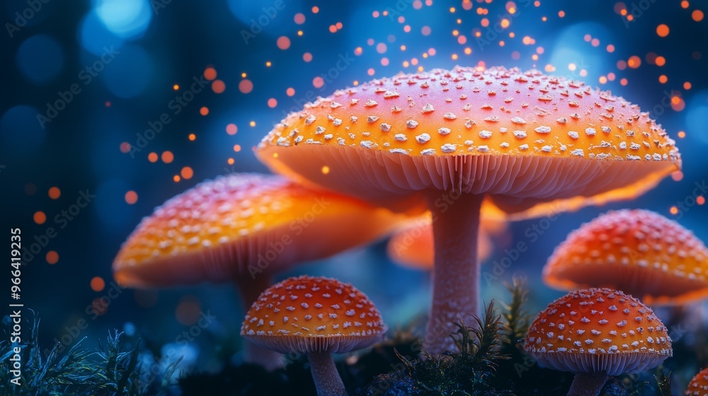 Obraz premium Fungal spore release from a vibrant mushroom cluster in a damp forest during twilight