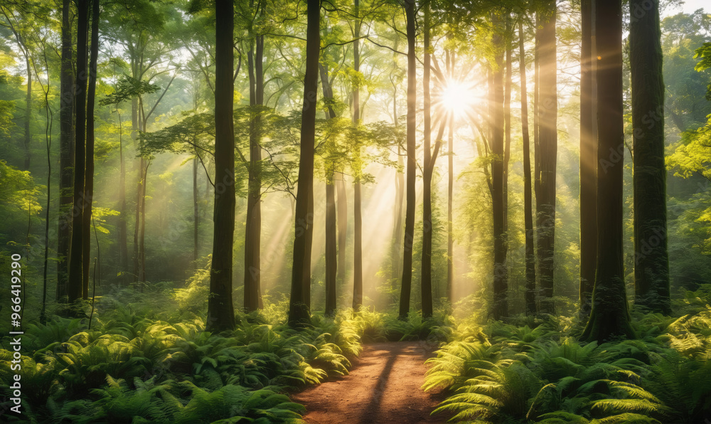Sunlight streams through the trees in a dense forest, illuminating the path ahead Sunlight streams through the trees in a dense forest, illuminating the path ahead