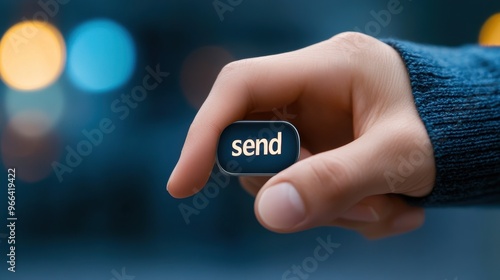 A person holding a button that says send, AI