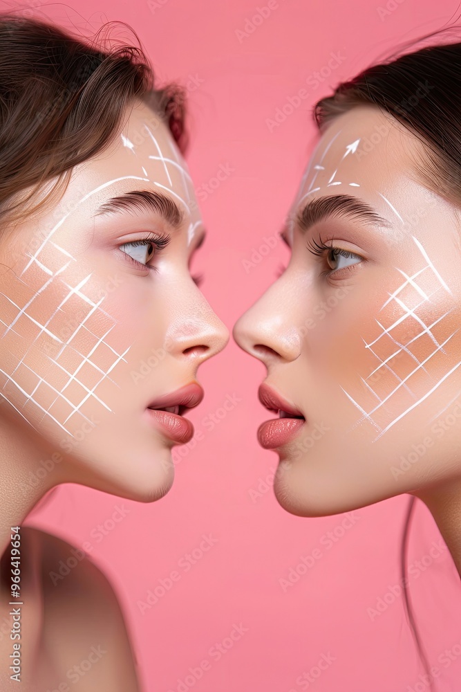 Two women with white makeup on their faces, one with a smile Two women with white makeup on their faces, one with a smile