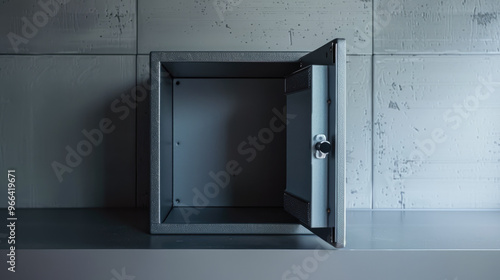 Open empty safe against grey wall, metal small safety box on shelf in room. Concept of protection, keeping, background, theft, home photo