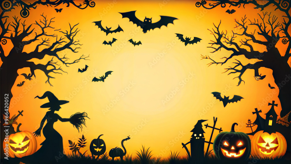 Halloween scene with a witch, bats, and pumpkins on an orange background Halloween scene with a witch, bats, and pumpkins on an orange background