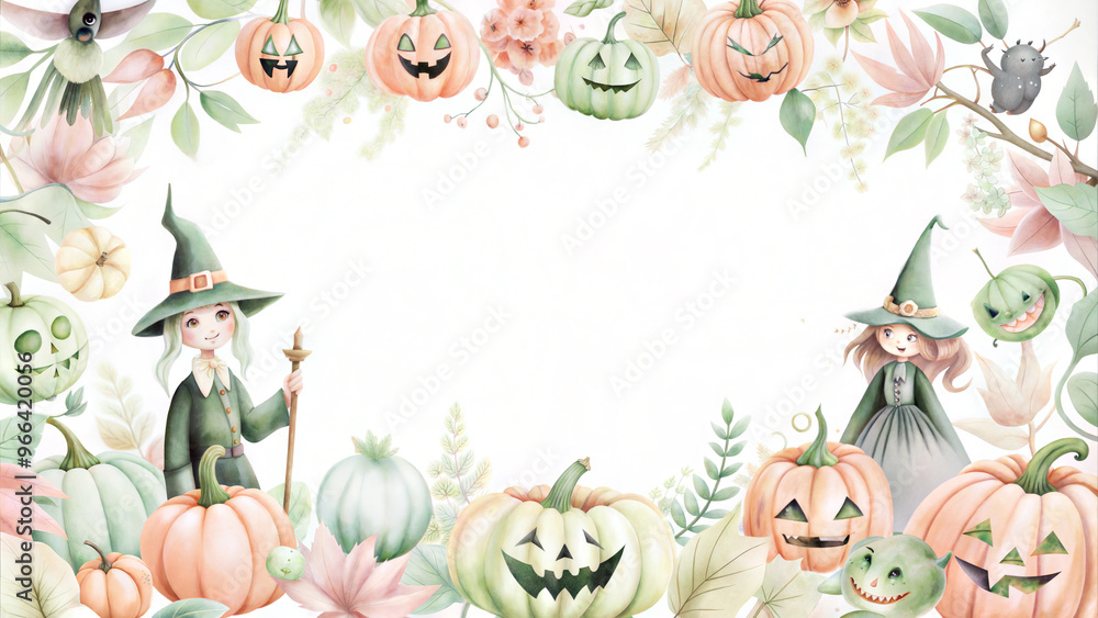 Fototapeta premium Whimsical Halloween illustration with witches and decorative pumpkins