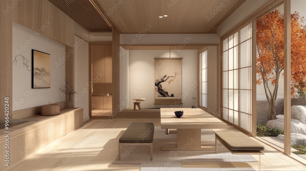 Obraz premium Minimalist, jacanid interior design of modern living room with dining table.