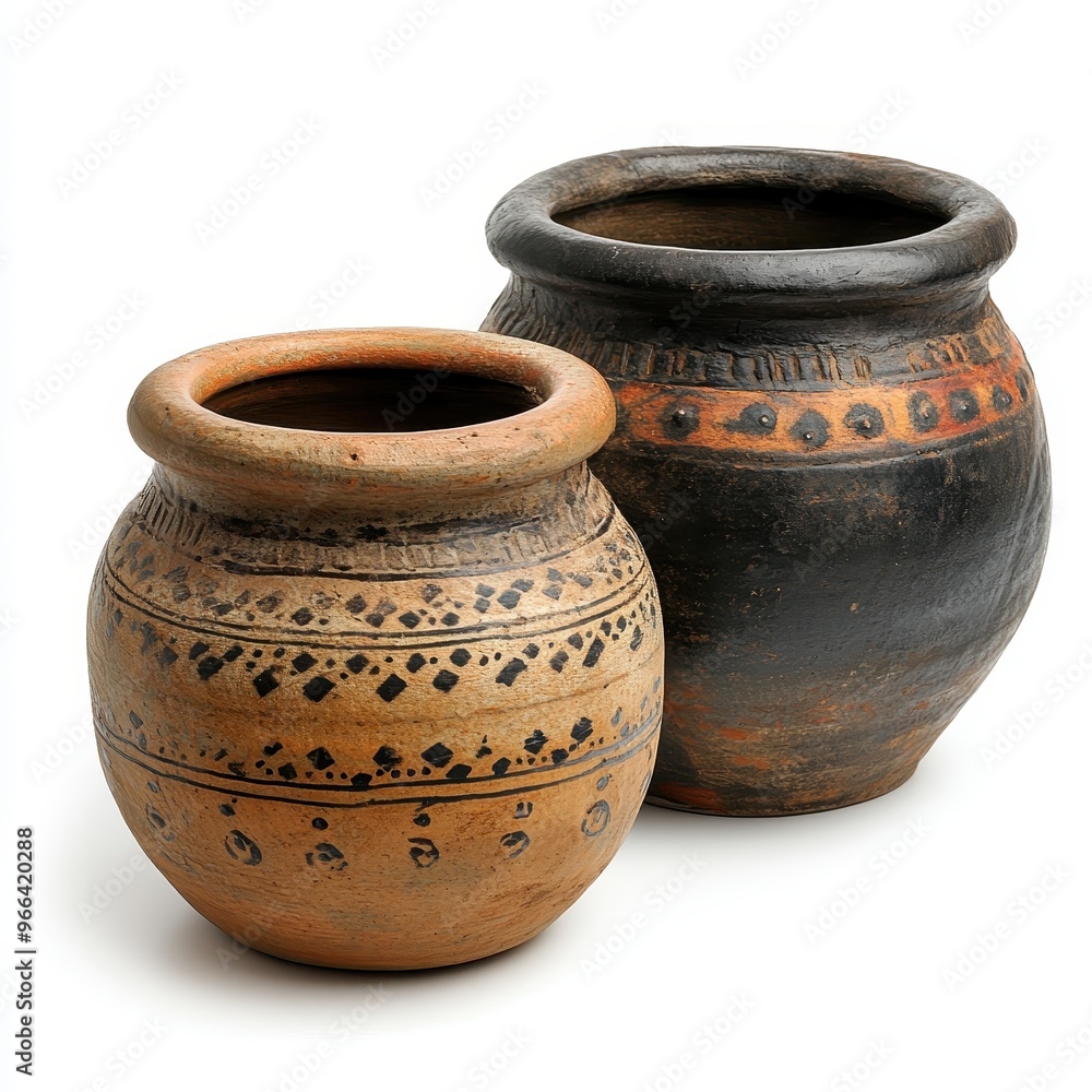 Two Ancient Clay Pots with Ornamental Designs Two Ancient Clay Pots with Ornamental Designs