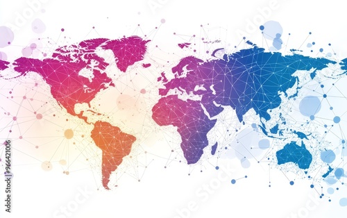 A colorful world map with interconnected nodes, symbolizing global connectivity and networking.