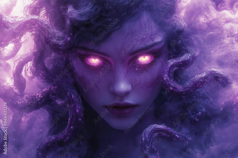 fierce medusa portrait with glowing eyes and writhing tentaclelike hair emerging from swirling mist and shadows fierce medusa portrait with glowing eyes and writhing tentaclelike hair emerging from swirling mist and shadows