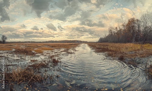 Panoramic Nature landscape of flood in brackish Marsh Massachusetts