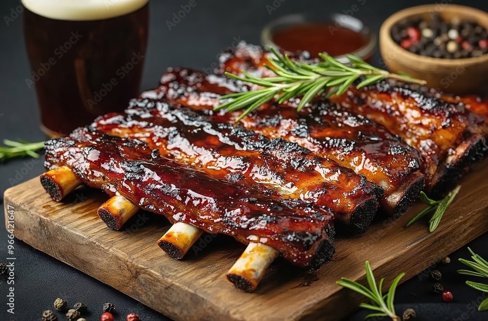 Baked ribs with sauce and herbs on a wooden board against a dark background