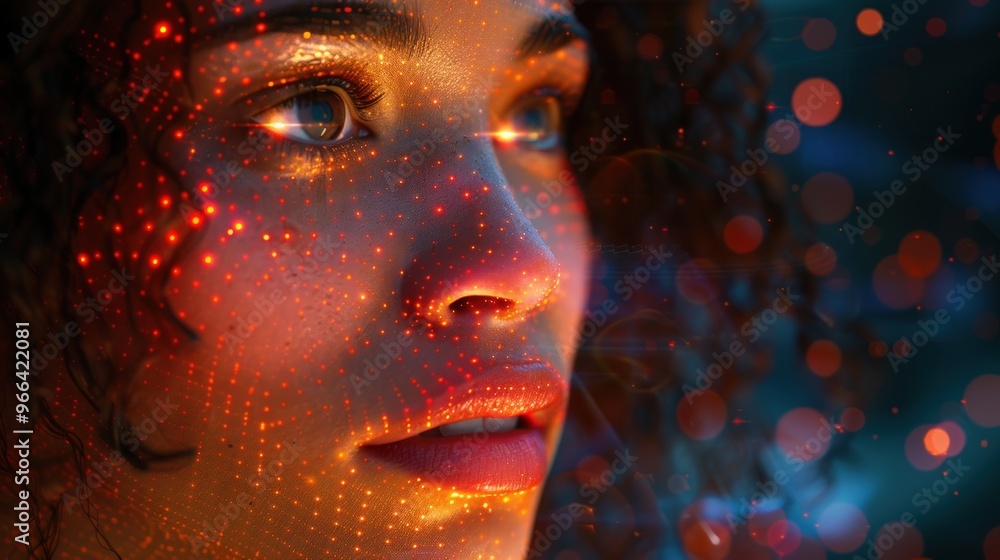 Close-up portrait of a woman with glowing dots on her face, looking up with a surprised expression. Close-up portrait of a woman with glowing dots on her face, looking up with a surprised expression.