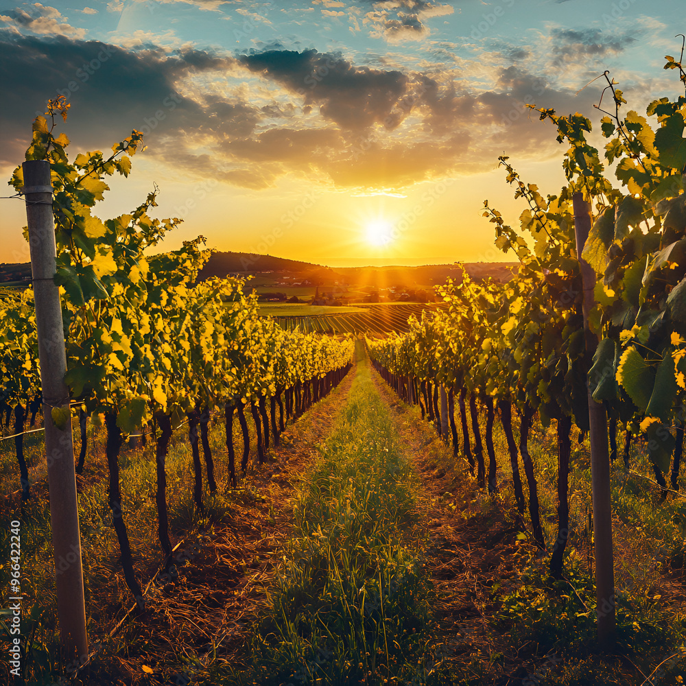 Naklejka premium Rows of Grapevines at Sunset, Golden light illuminates lush grapevines 
