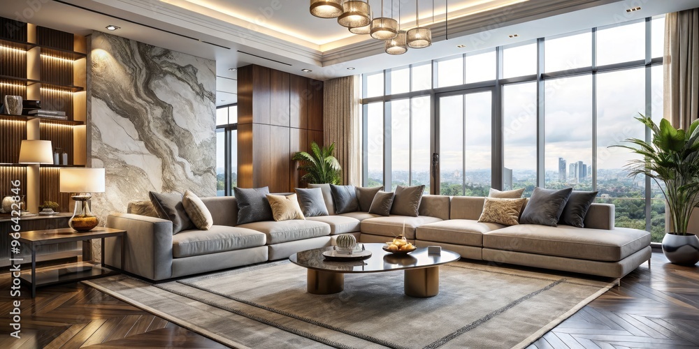Elegant living room with sectional sofa, marble coffee table, and floor-to-ceiling windows showcasing a sophisticated blend of modern luxury and comfort. Elegant living room with sectional sofa, marble coffee table, and floor-to-ceiling windows showcasing a sophisticated blend of modern luxury and comfort.