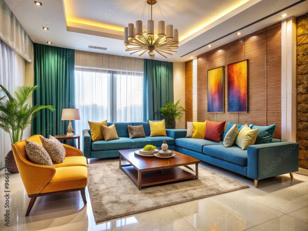 Fototapeta premium Elegant living room with sleek furniture, vibrant colors, and modern decor, showcasing the expertise of affordable interior designers in Hyderabad, India.