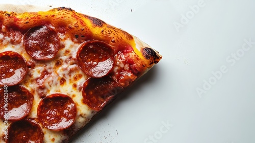 A single slice of pepperoni pizza on a white background. Cheese is still steaming and stretched with grease visible on pepperonis. photo