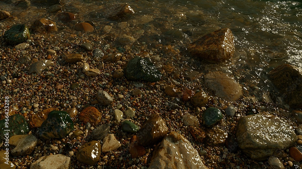 A cluster of stones resting near the shoreline, alongside a tranquil body of water and a vast expanse of golden sand A cluster of stones resting near the shoreline, alongside a tranquil body of water and a vast expanse of golden sand