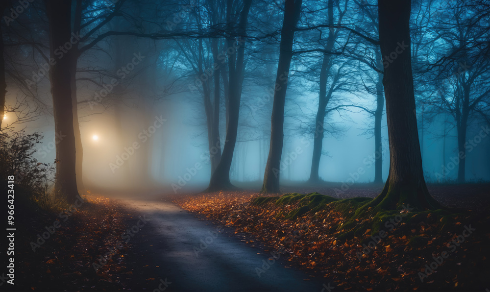 A misty road winds through a dense forest at twilight, lit by a single streetlamp A misty road winds through a dense forest at twilight, lit by a single streetlamp