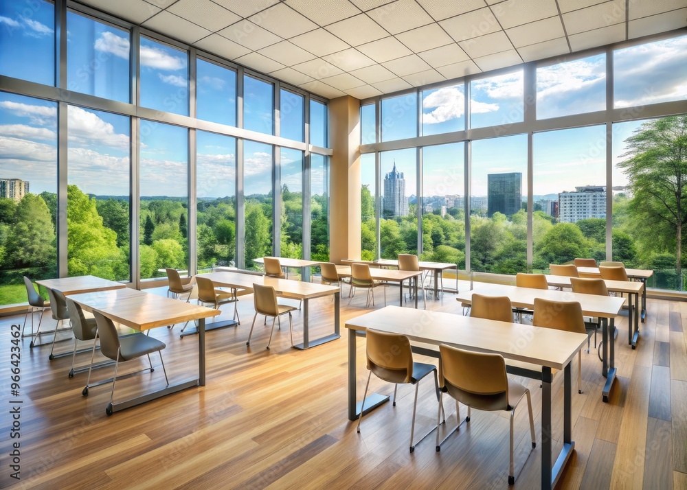 Fototapeta premium Elegant modern classroom with sleek chairs, polished wood tables, and floor-to-ceiling windows, ideal for learning interior design principles and certificate programs.
