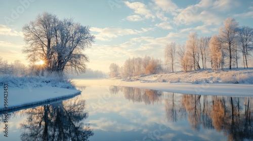 winter landscape with beautiful reflection in the water