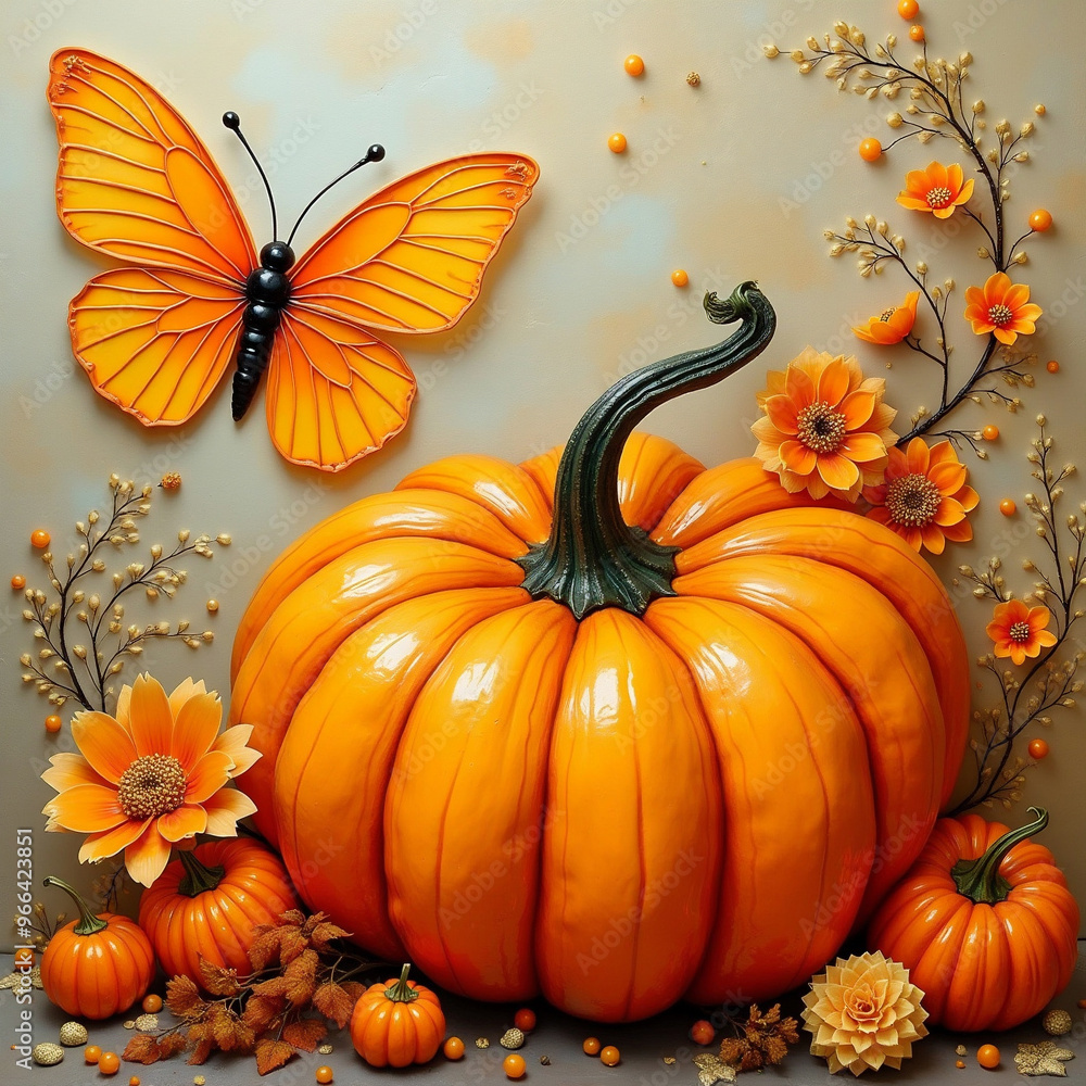 A pumpkin is surrounded by smaller pumpkins, orange flowers, and autumnal foliage, with a vibrant orange butterfly A pumpkin is surrounded by smaller pumpkins, orange flowers, and autumnal foliage, with a vibrant orange butterfly