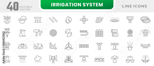 Irrigation system line icon collection. Smart farm, farming technology, bulb, plant, water tank, gardening. Sow, irrigate, barrier icon set. Ui outline icon pack.