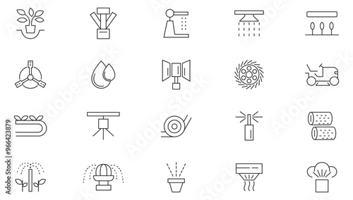 Irrigation system line icon collection. Smart farm, farming technology, bulb, plant, water tank, gardening. Sow, irrigate, barrier icon set. Ui outline icon pack.